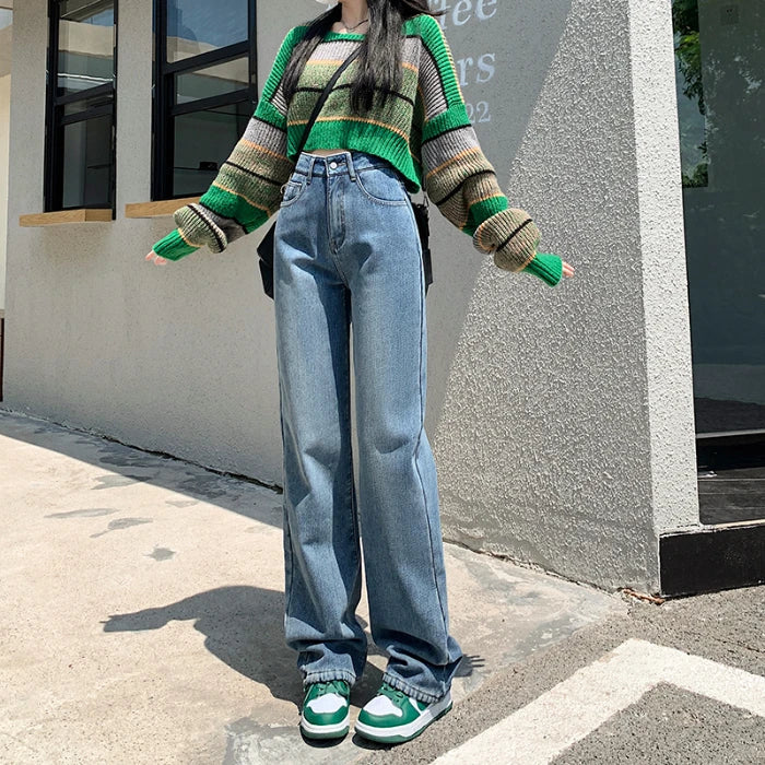 High Waisted Women Denim Jeans Straight Loose New Arrival Daily Pants Fashion Brand Spring Summer Trousers All-match Full Length blue