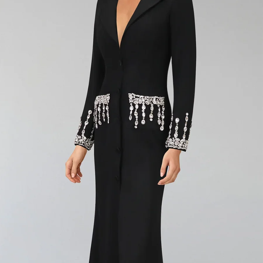 TWOTWINSTYLE Solid Slimming Spliced Diamonds Dresses for Women Lapel Long Sleeves Patchwork Single Breasted Dress Female Fashion