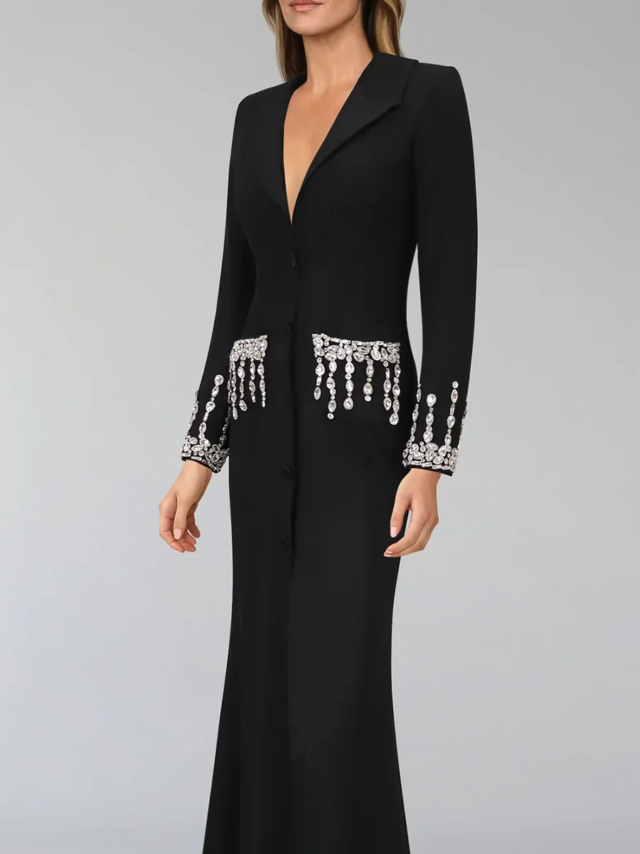 TWOTWINSTYLE Solid Slimming Spliced Diamonds Dresses for Women Lapel Long Sleeves Patchwork Single Breasted Dress Female Fashion