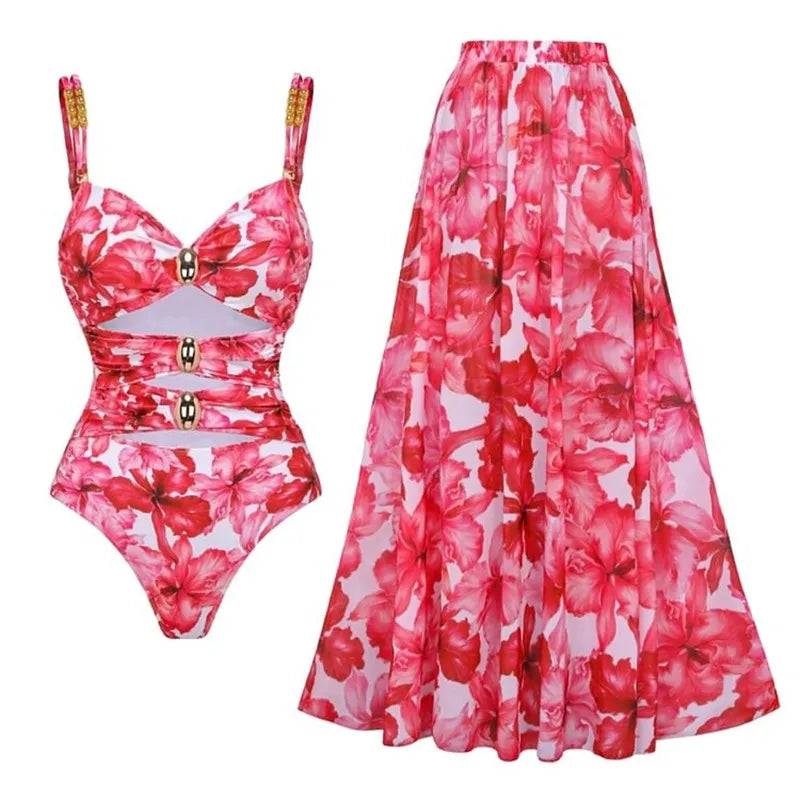 High Quality One Piece Swimsuit Floral Ruffle Printed Push Up Women Bikini Set Swimwear Slimming Bathing Suit Beach Wear SET1