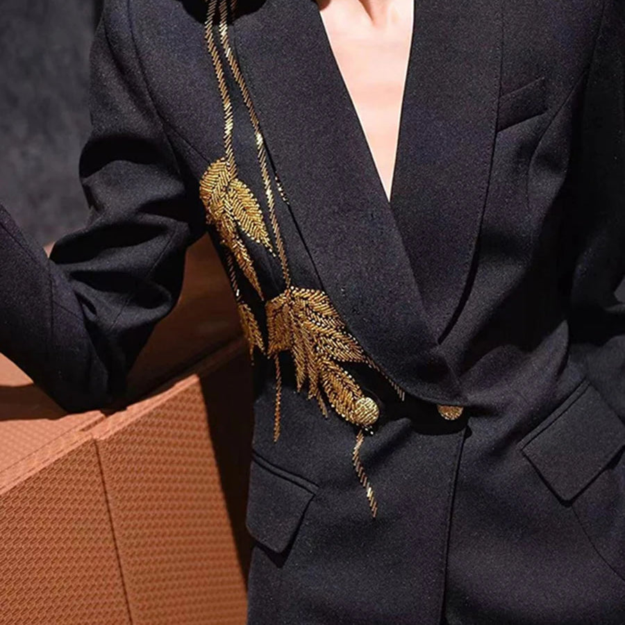 TWOTWINSTYLE Solid Slimming Two Piece Sets for Women Lapel Long Sleeve Patchwork Bead Top High Waist Pant Temperament Set Female