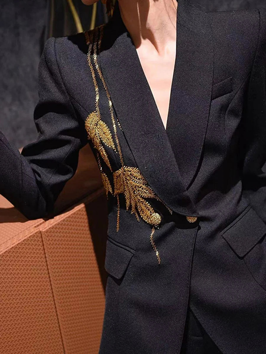 TWOTWINSTYLE Solid Slimming Two Piece Sets for Women Lapel Long Sleeve Patchwork Bead Top High Waist Pant Temperament Set Female