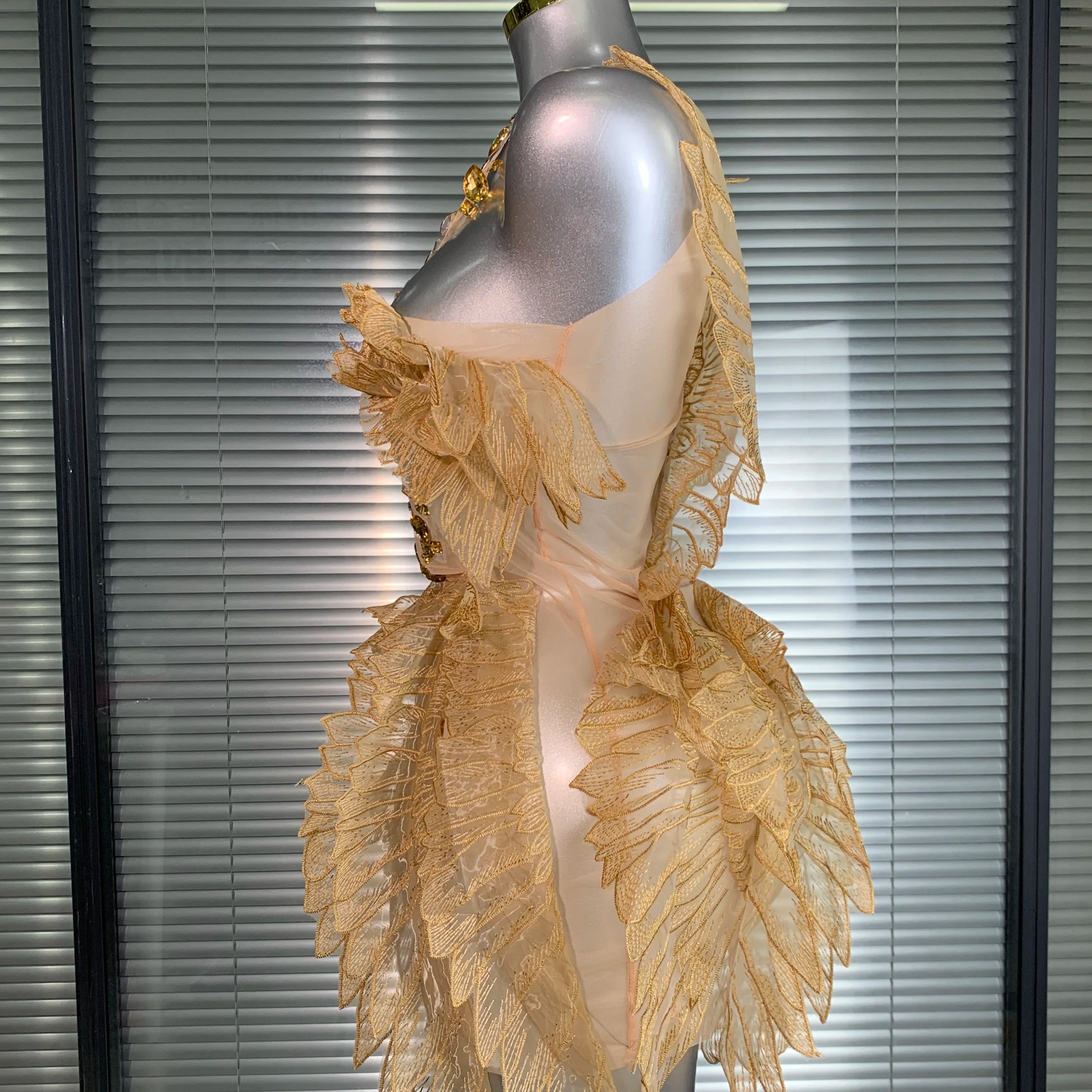 Summer New Women Sexy Gold Crystal Diamonds Stage Performance Costume Dancer Singer Night Club Mini Party Dress