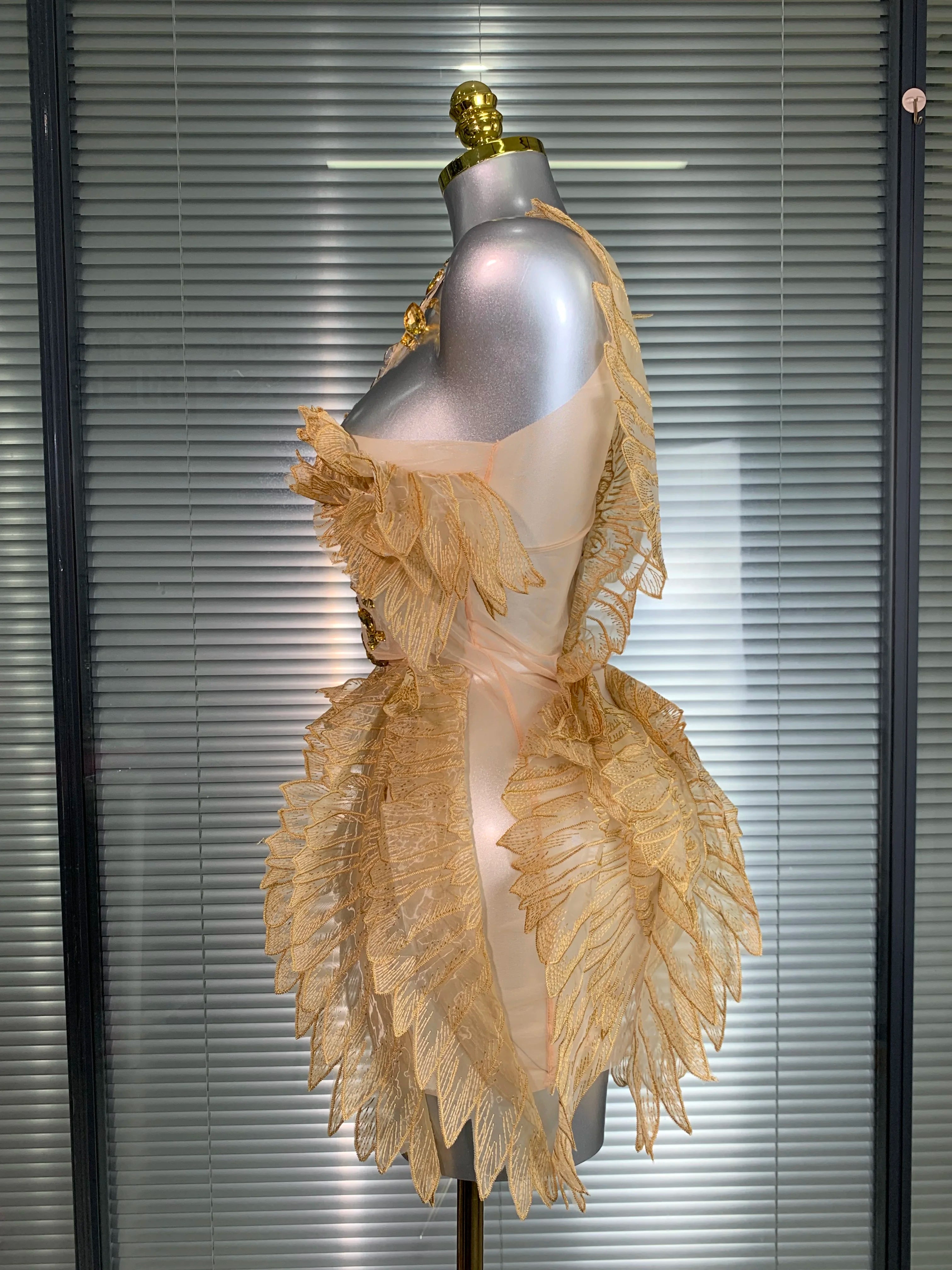Summer New Women Sexy Gold Crystal Diamonds Stage Performance Costume Dancer Singer Night Club Mini Party Dress