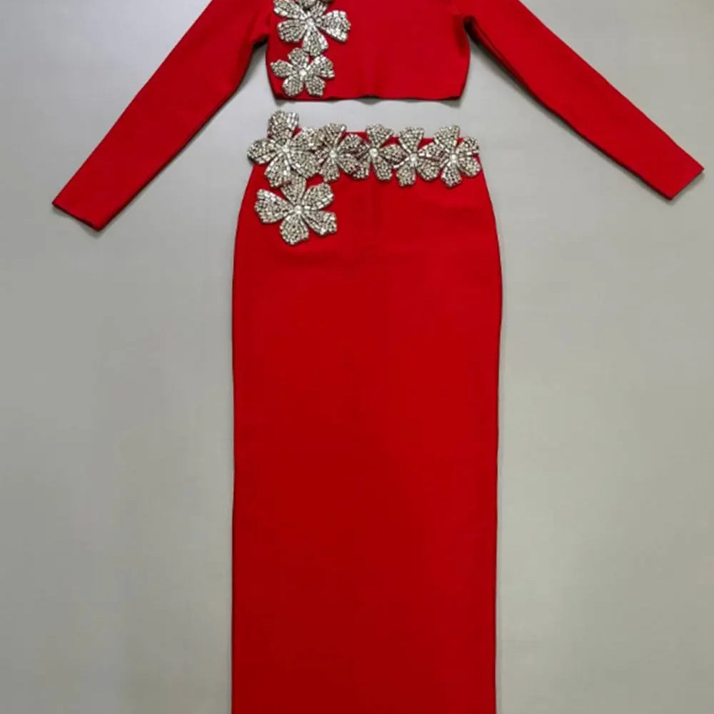 2024 Sexy Women's Bandage Skirt Set Stand up Collar Long Sleeve Nail Bead Water Diamond Short Top+Long Dress Two Piece Set