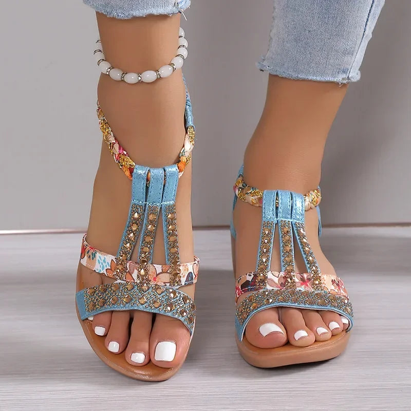Women Wedge Sandals Summer Bohemia Rhinestones Casual Platform Sandals Female Peep Toe Outdoor Beach Shoes обувь женская летняя Sky blue