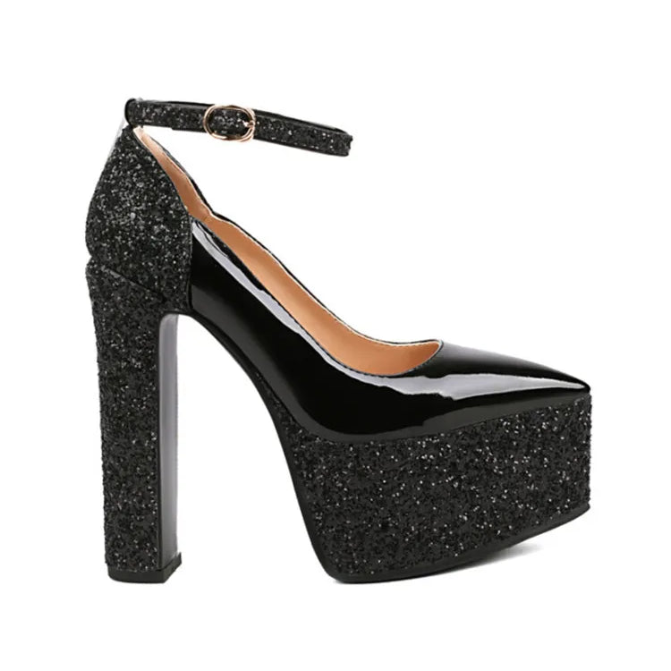 Women's Thick Soles High Heels Fashion Sequins Pointed Elegant Platform Women's Banquet Wedding Party Women's Shoes 55-black