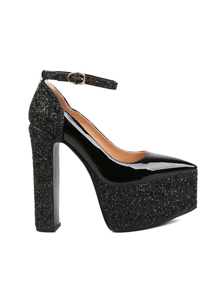 Women's Thick Soles High Heels Fashion Sequins Pointed Elegant Platform Women's Banquet Wedding Party Women's Shoes 55-black