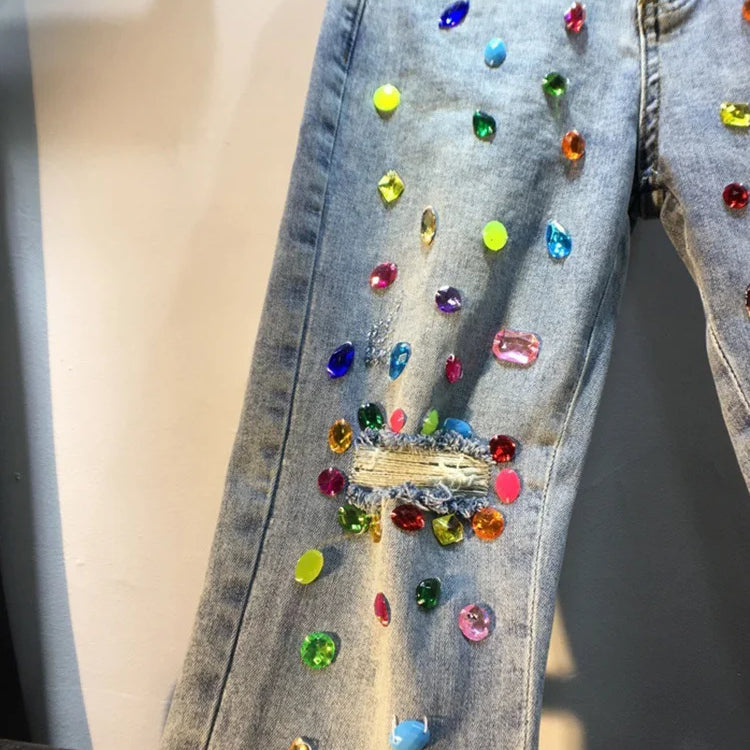 Women's Jeans Diamond Studded Beads Broken Hole Tassel High Waist Loose Denim Long Pants Autumn Fashion
