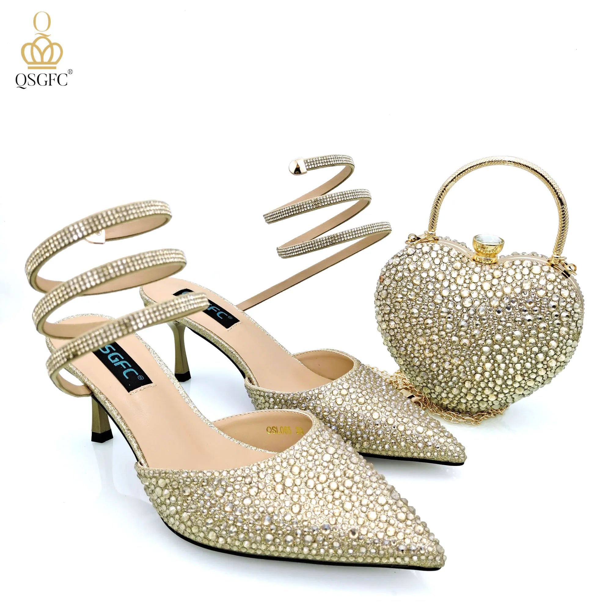 Gold Color Shine Luxury Design Heart Shaped Packet And Mid-heel Rhinestone Snake Wrap Strap Pointed Toe Shoes And Bag