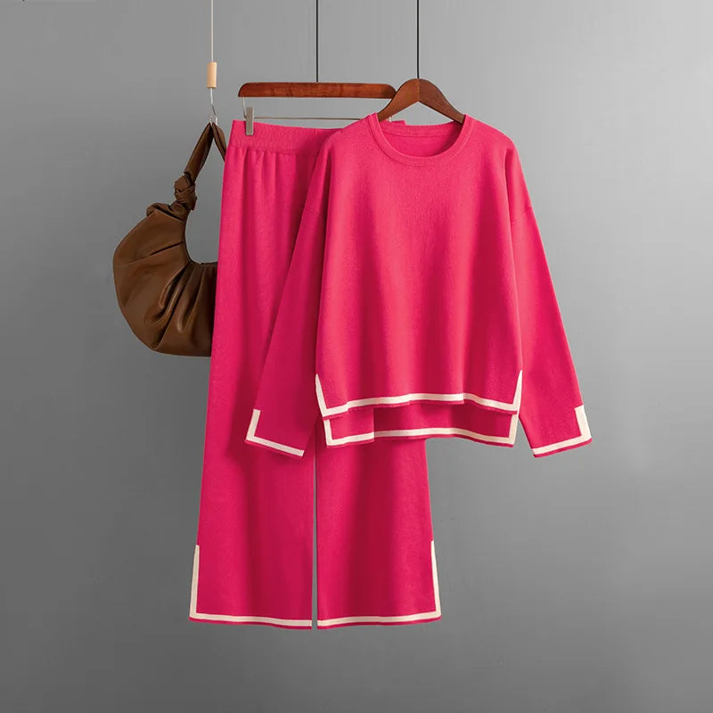 HLBCBG Knitted Women's Trousers Suit Two Piece Set Beige Winter Loose Long Sleeve Knitwear Flare Pants Sets Female Casual Suits