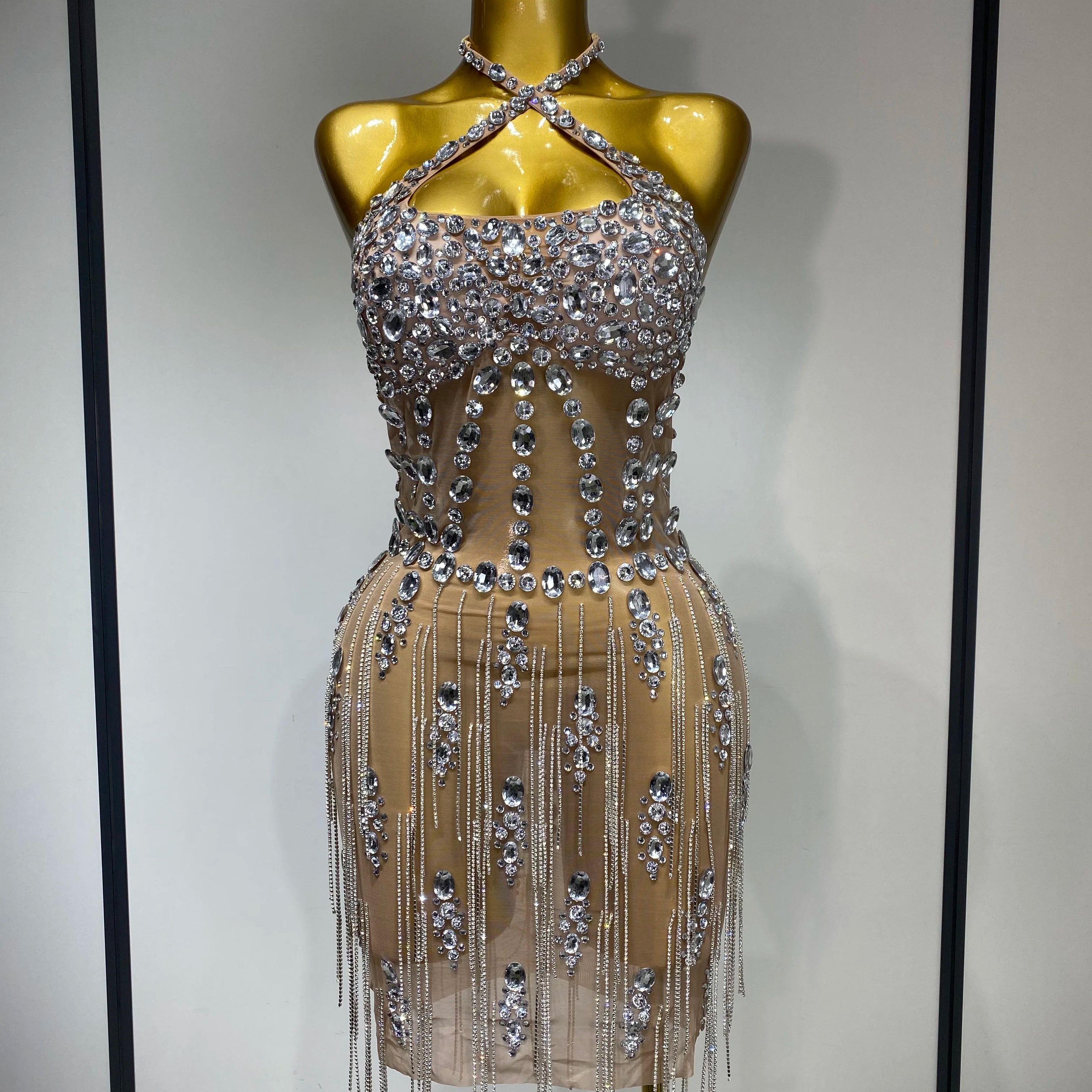 Luxury Rhinestone Evening Party Dress Women Sexy Halter See Through Mesh Luxury Birthday Gowns Nightclub Singer Stage Outfit