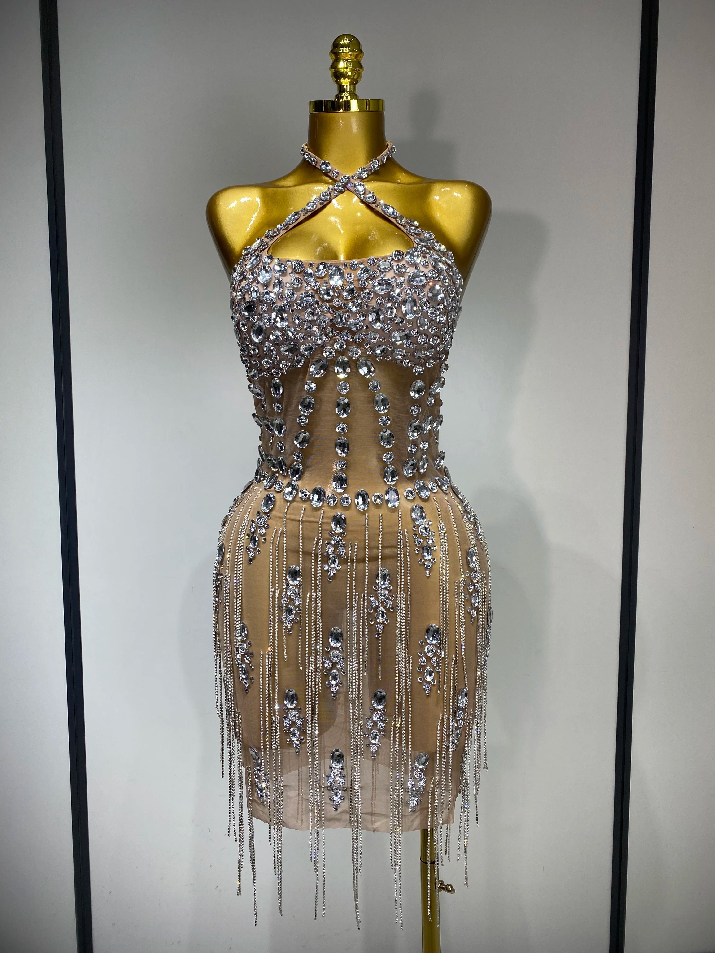 Luxury Rhinestone Evening Party Dress Women Sexy Halter See Through Mesh Luxury Birthday Gowns Nightclub Singer Stage Outfit