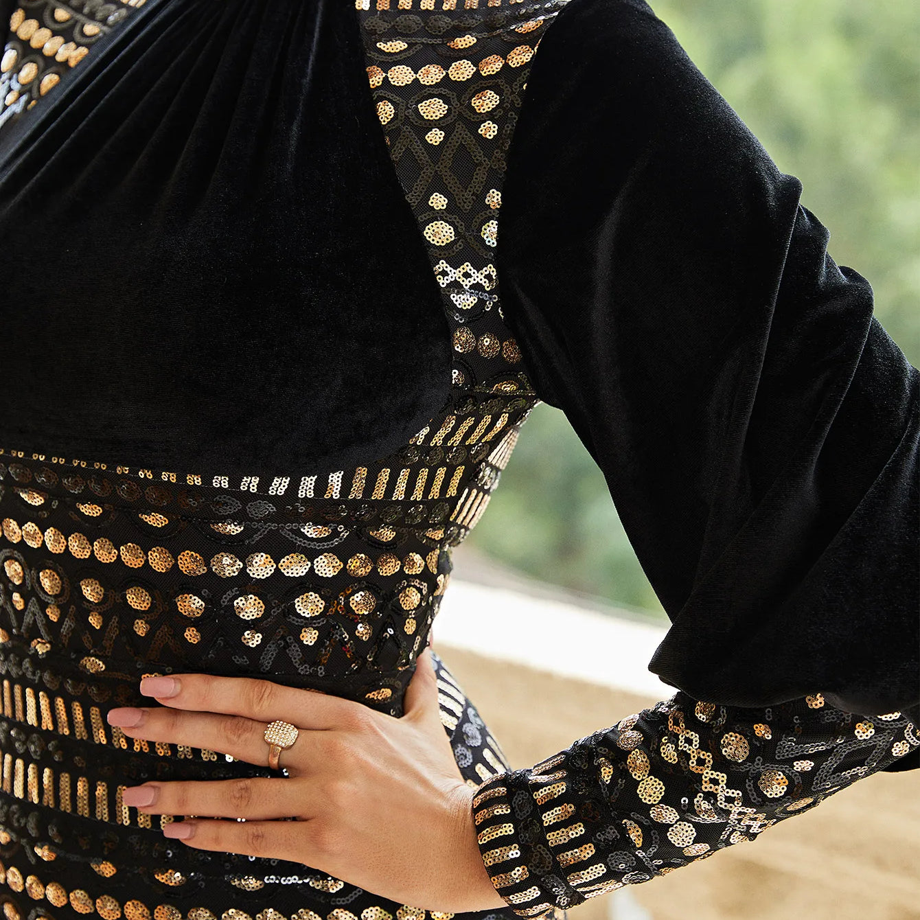 Missord Vintage Black Velvet Bishop Sleeve Sequins Bodycon Ankle Length Dress Cocktail Party Prom Women's Evening Dresses