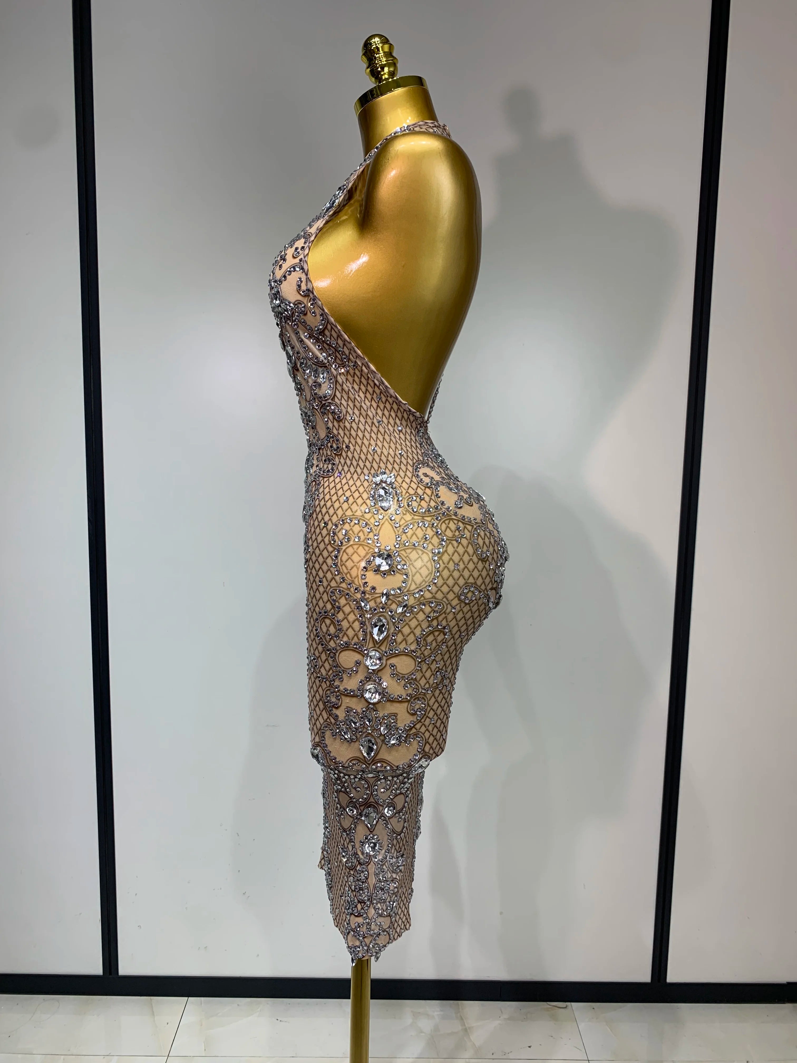 Women Sexy Backless Mesh Crystal Diamonds Performance Costume Stage Dancer See Through Stretchy Nightclub Evenig Party Dresses