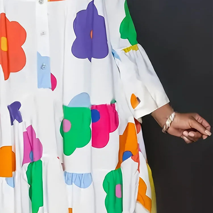 Plus Size Autumn New Floral Printed Women's Dresses,Casual Loose Button Fashion Streetwear Polyester V-Neck Pleated Dresses