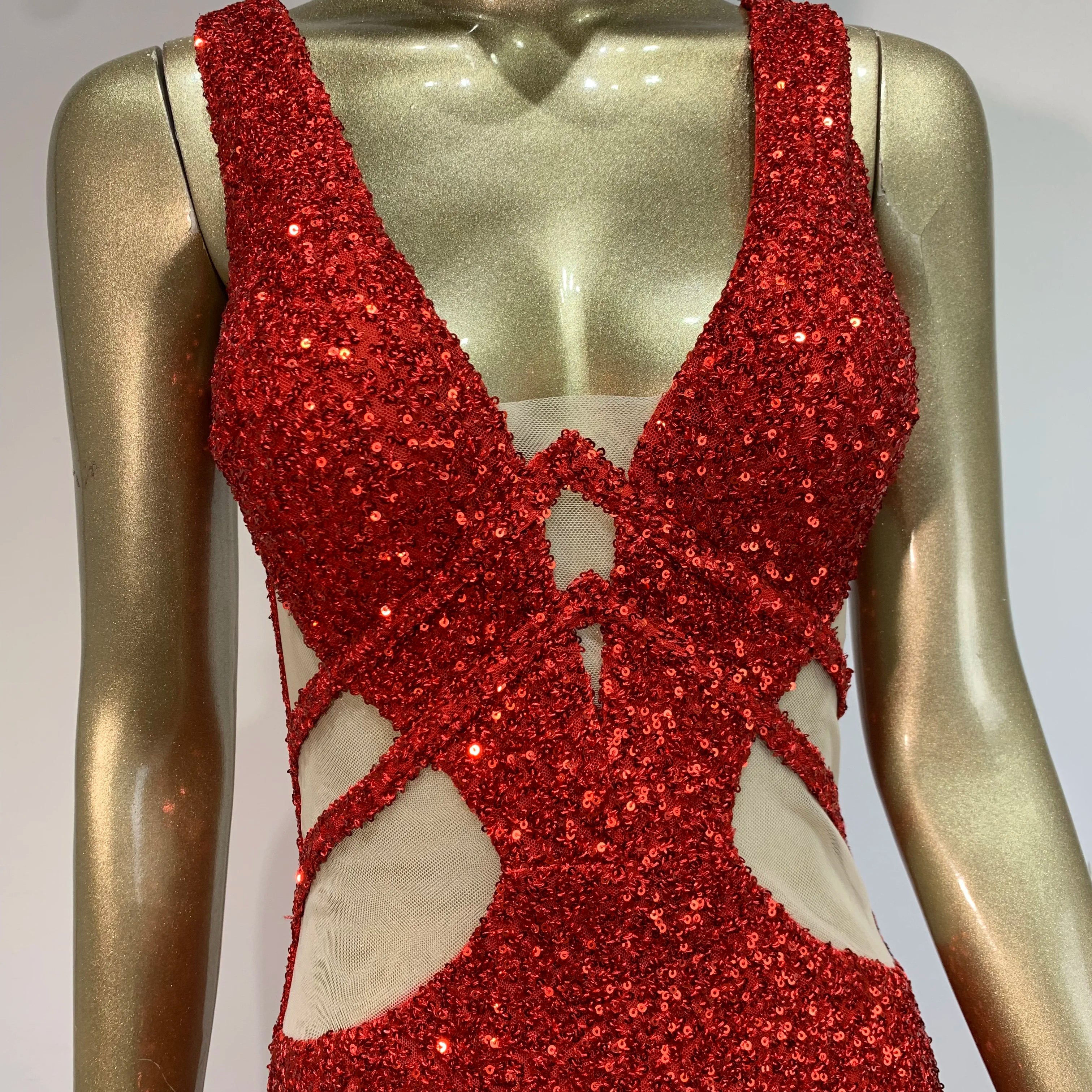 Women Luxury Sexy V Neck Cut Out Red Sequins Maxi Long Gowns Dress 2024 Elegant Evening Party Club Dress Vestido