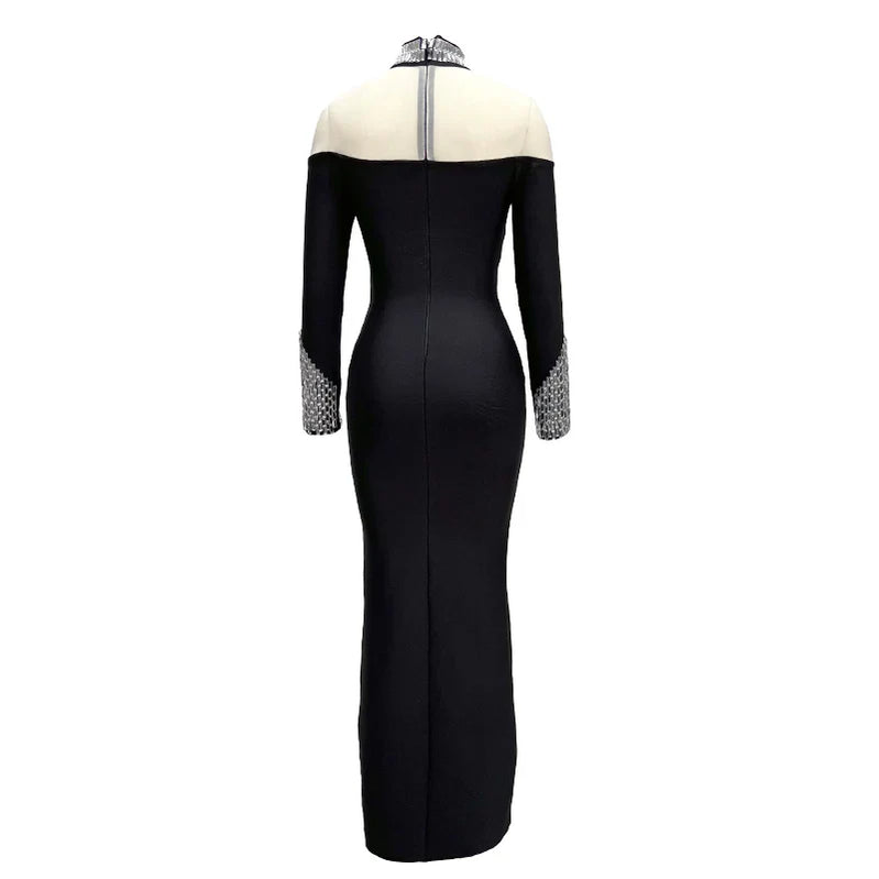Fashion Sexy European And American Women Long Sleeve Black Sexy Round High Neck Color Long Sleeve Diamond Decoration Slim Dress