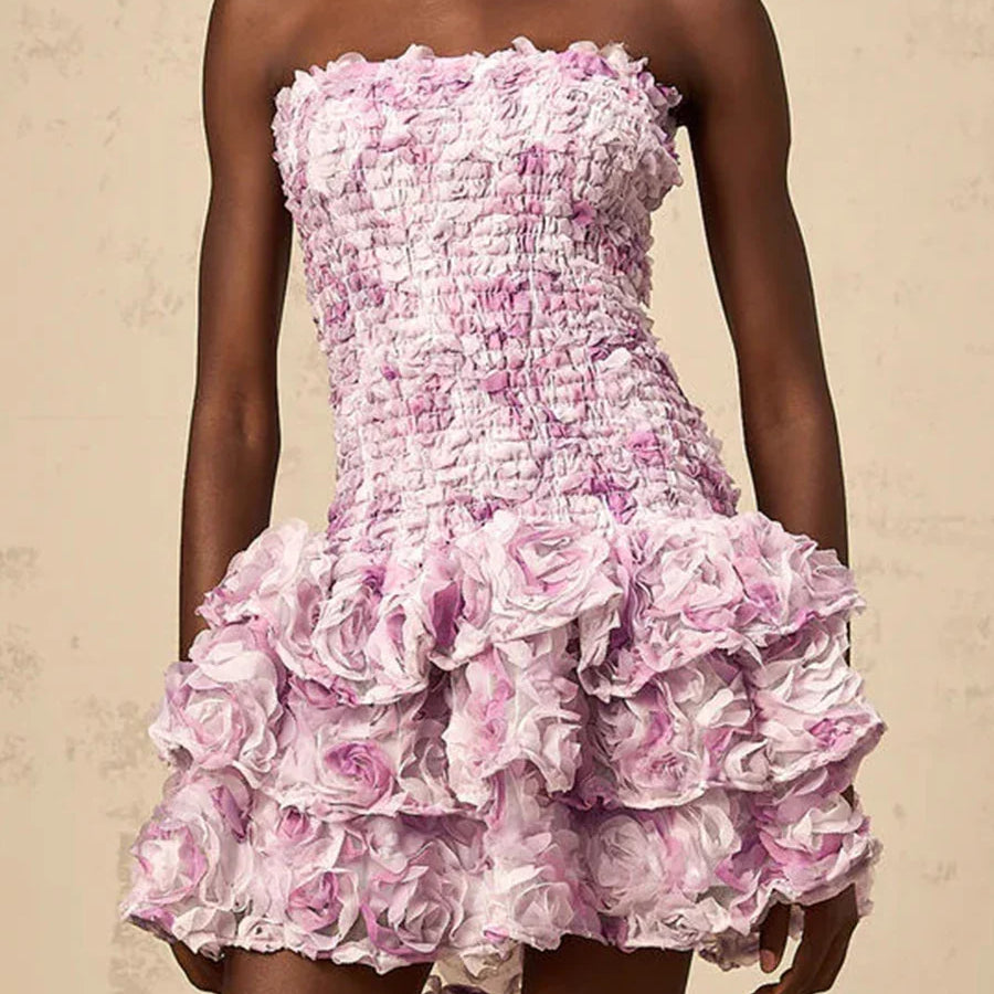 Vestidos temperamentais da moda com blocos de cores para mulheres, sem alças, sem mangas, patchwork, flores 3D, roupa feminina