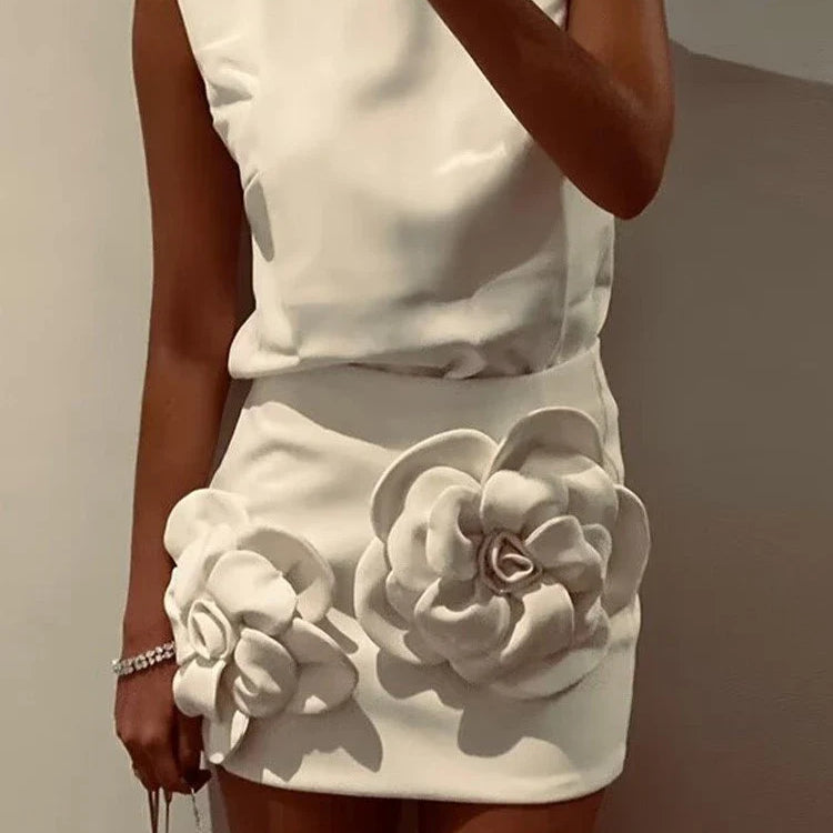 Aonibeier Y2K Extreme Short Women Mini Skirt Suits Traf Summer Flower Appliques Sleeveless Tanks Female Crop Top Sets White