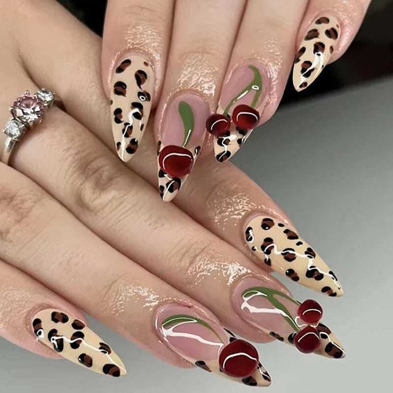 Cherry Leopard Print Almond Fake Nails Art Ballet Pointed False Nails Charms Flower Star Love Heart Press on Nails Manicure Tool