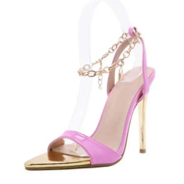 Cross-border Large Size Women's Pumps Candy-colored Pointed Toe Stiletto High-heeled Fashion Sandals Metal Chain Spot