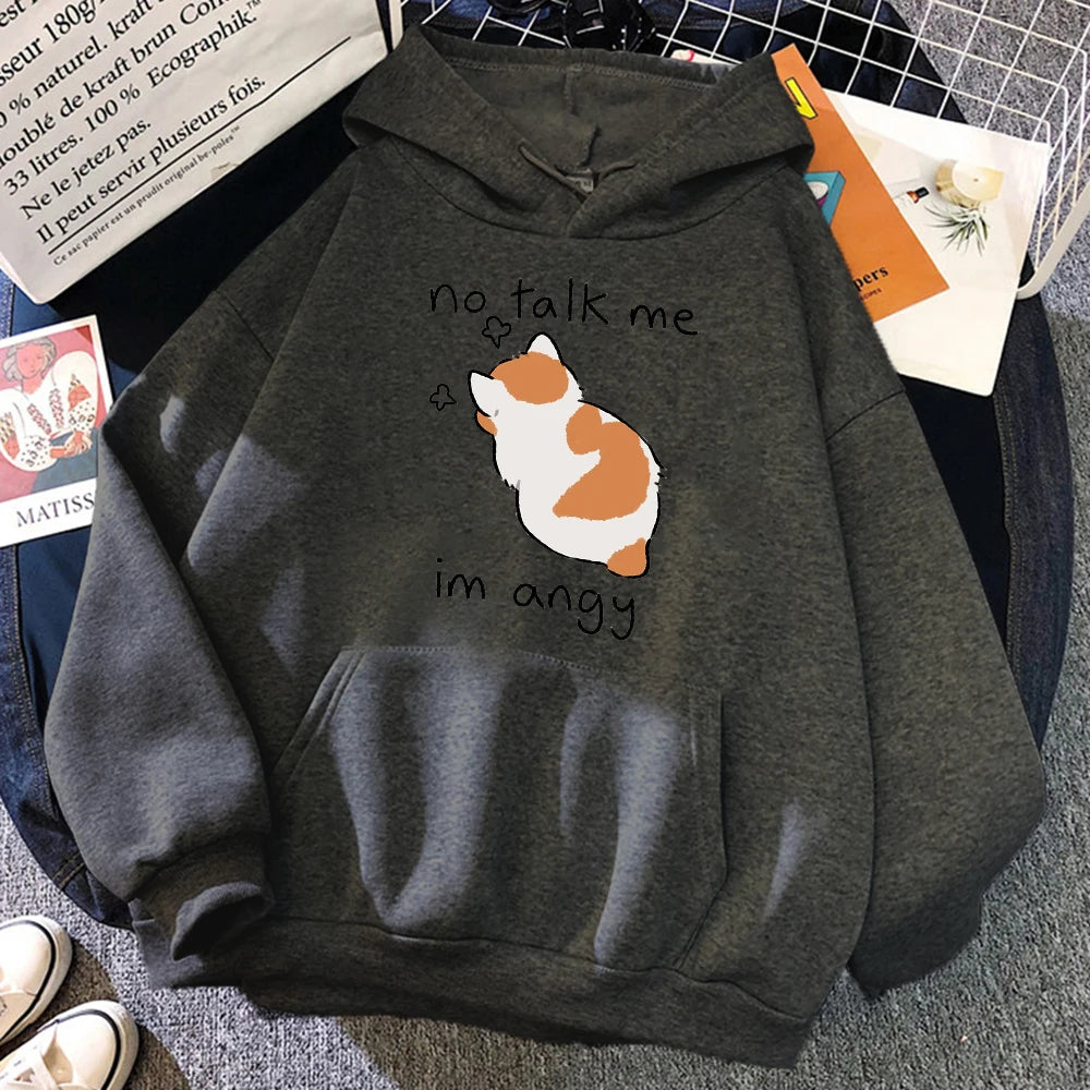 No Talk Me Cute Angry Cat Print Women Hoody Hip Hop Soft Sweatshirt Casual Fleece Sweatshirt Oversize Fleece Women Streetwear Dark Gray