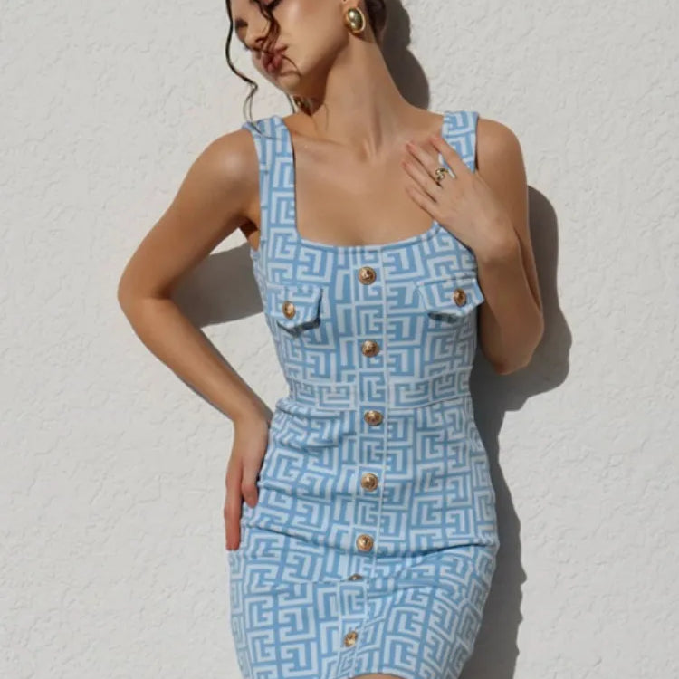 Women Summer Sexy Skyblue Jacquard Mini Bodycon Bandage Dress Elegant Evening Party Dress Sky blue