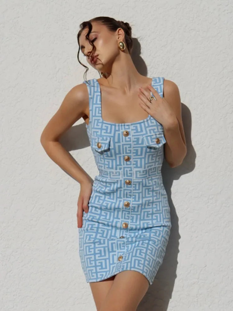 Women Summer Sexy Skyblue Jacquard Mini Bodycon Bandage Dress Elegant Evening Party Dress Sky blue