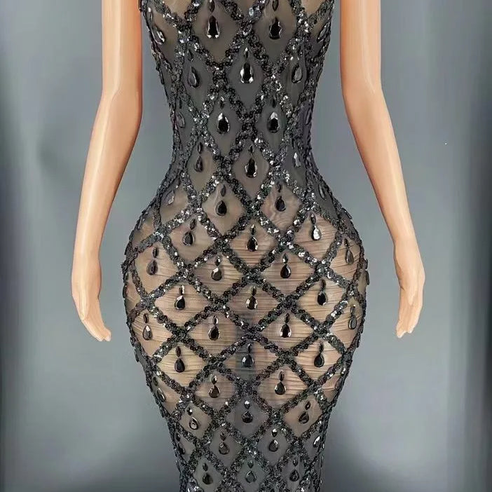 Flashing Silver Rhinestone Crystals Fringes Transparent Short Dress Birthday Celebrate Costume Evening Dancer Dress