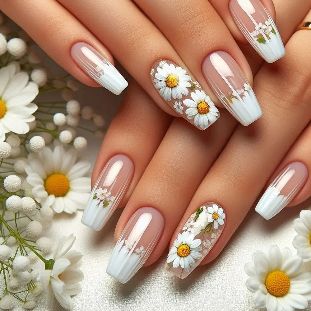 24Pcs Mid-length Ballet False Nails Press on Nails Spring Flowers Fresh Design Fake Nails with Glue Wearable Acrylic Nail Tips