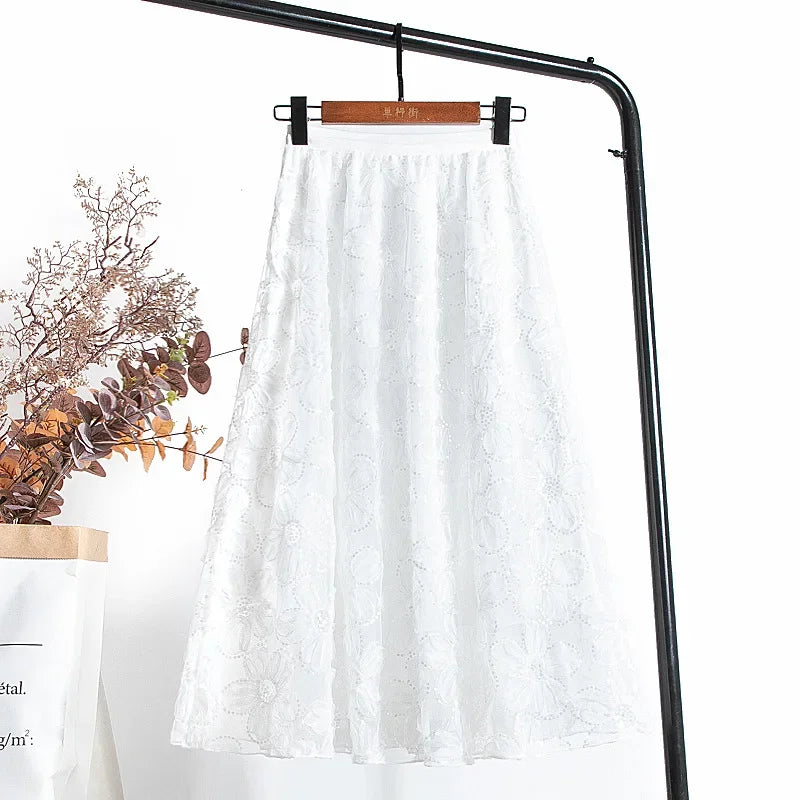 Lace Tulle Skirts New Spring A-Line Floral Embroidery Beading Shiny Sequins Mesh Tutu Skirt for Women Faldas Mujer Moda P416 White 40-55kg