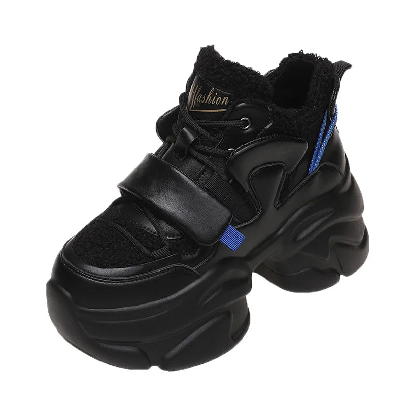 Winter Women Platform Warm Sneakers Leather Casual Trainers Chunky Shoes 8CM Heels Autumn Wedges Height Increasing Sports Shoes black