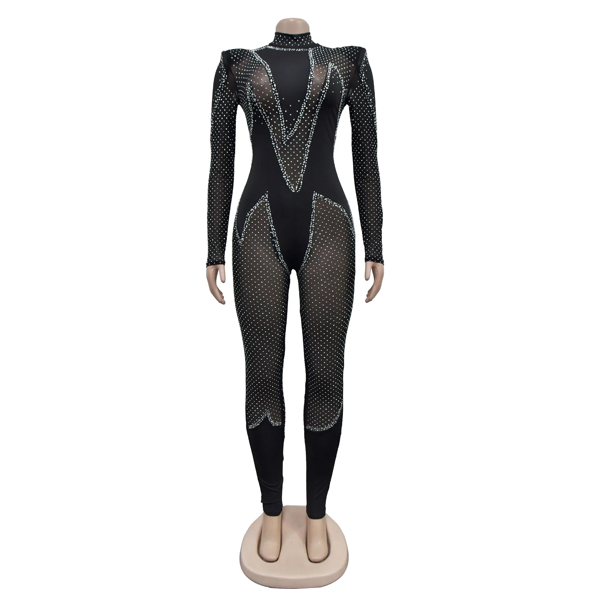 CM.YAYA Women 2024 Fashion Mesh See Though Diamonds Hot Rhinestones Sexy Party Club Jumpsuit One Piece Suit Romper Playsuits