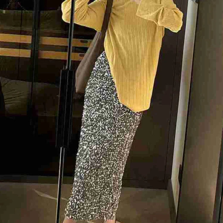 HOUZHOU Long Sequin Skirt Women Autumn Korean Elastic Waist Elegant Back Split Slim A-line Skirt with paillettes Evening Party