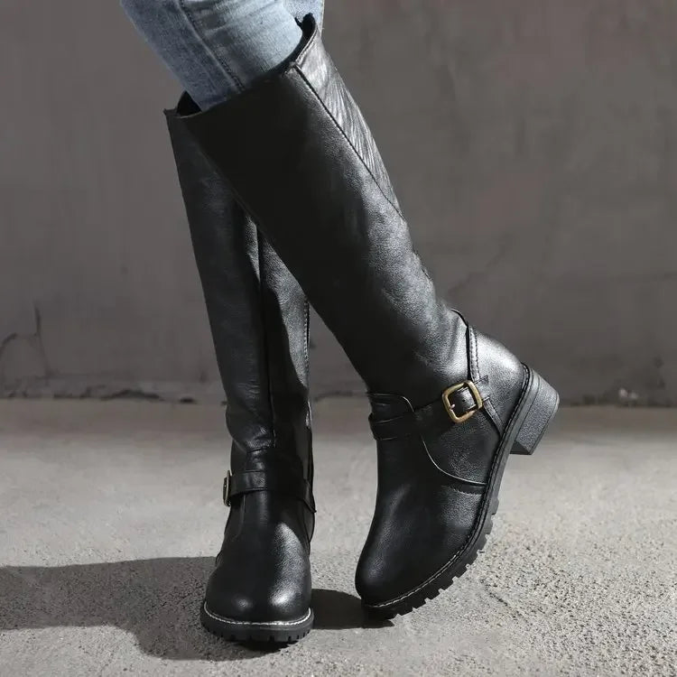 Autumn and Winter Woman Boots Vintage Round Head Knee High Knight Boots Combat Gothic Elegant Block Heel Women's Long Boots