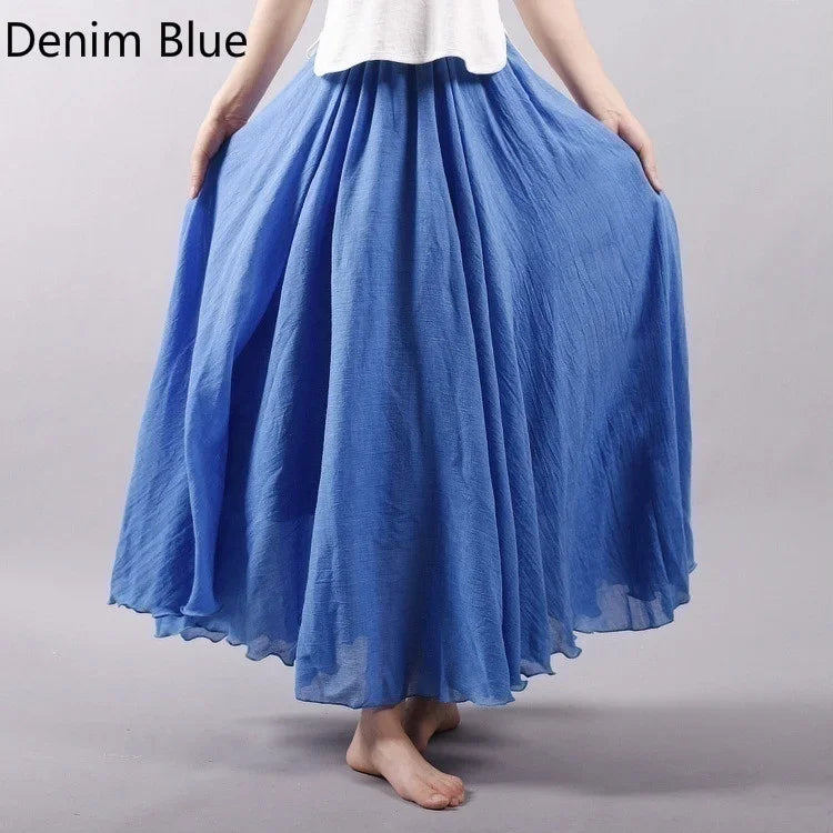14 Colors Linen Maxi Skirt Pleated Vintage Boho Maxi Long Casual Cotton Beach Skirt Empire A-Line Linen Skirt Ladies Clothing denimblue One Size