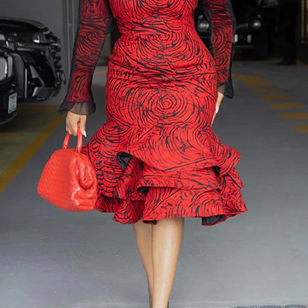 CM.YAYA Women Long Sleeve mesh O-neck mult Ruffles Bodycon Midi Dress 2025 Africa OL Work Evening Sexy Party Dresses Vestidos