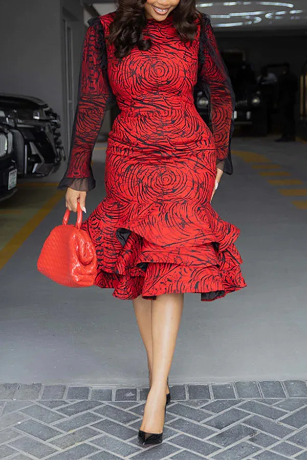 CM.YAYA Women Long Sleeve mesh O-neck mult Ruffles Bodycon Midi Dress 2025 Africa OL Work Evening Sexy Party Dresses Vestidos