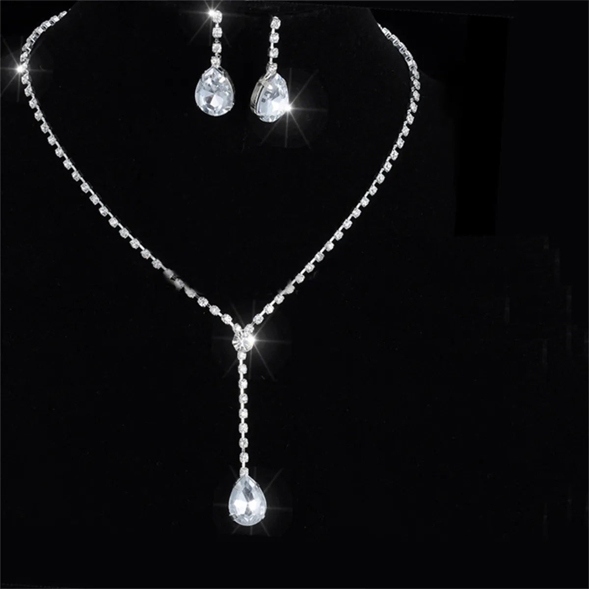Luxury Elegant Zircon Flower Necklace Earrings Set For Women Silver Color Rhinestone Waterdrop Heart Wedding Bridal Jewelry Set 14F2AF048