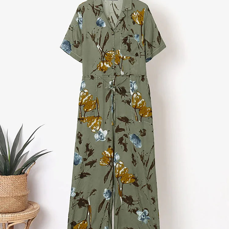 Summer Women Jumpsuits Casual Lapel Neck Short Sleeve Long RompersVintage Floral Print Wide Leg Overalls Loose Playsuits
