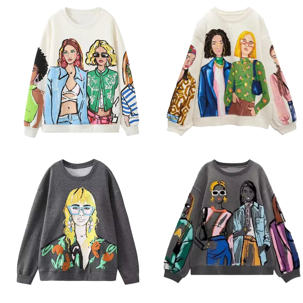 Autumn/Winter Women's New Fashion Casual Loose Versatile Round Neck Long Sleeve Printed Sweater