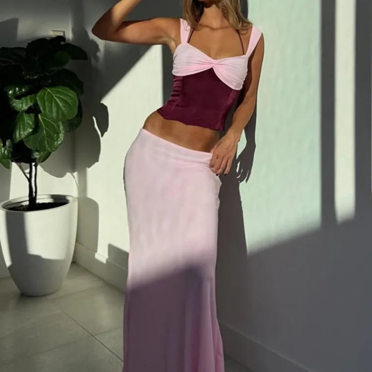 Sexy Skirt Two Piece Sets Women Halter Lace-up Cropped Tops And Maxi Skirt Ladies Fashion Sleeveless 2 Piece Sets
