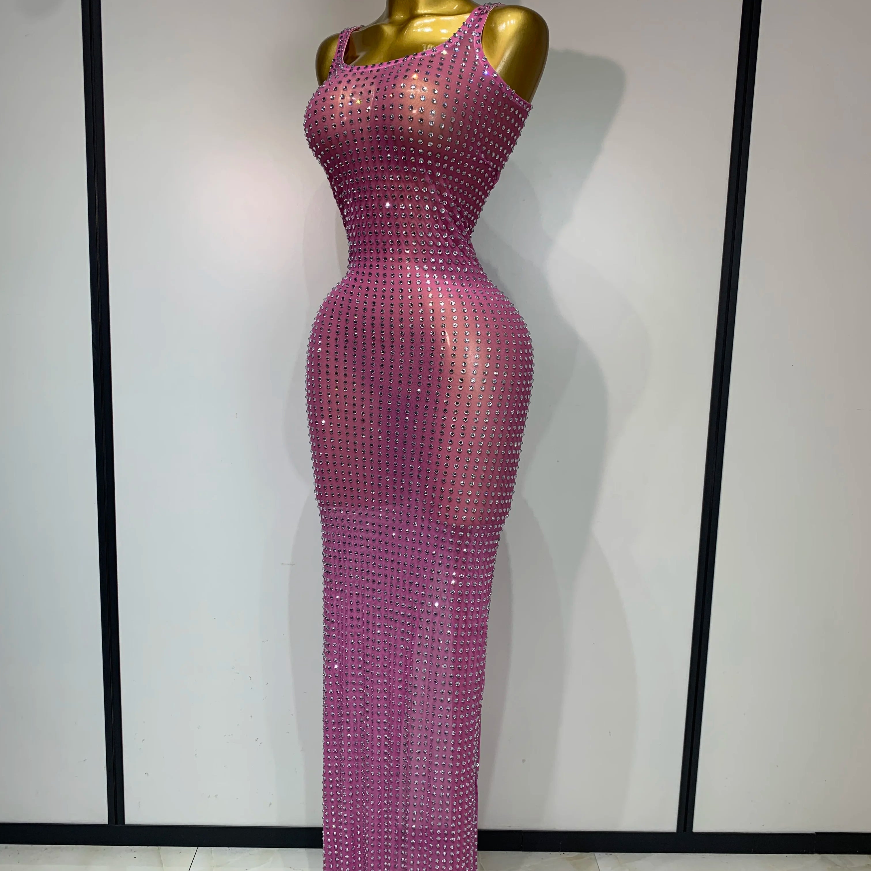 Women Sexy Mesh See Through Rhinestone Pink Long Maxi Dress Birthday Evening Party Costume Singer Stage Performance Costume