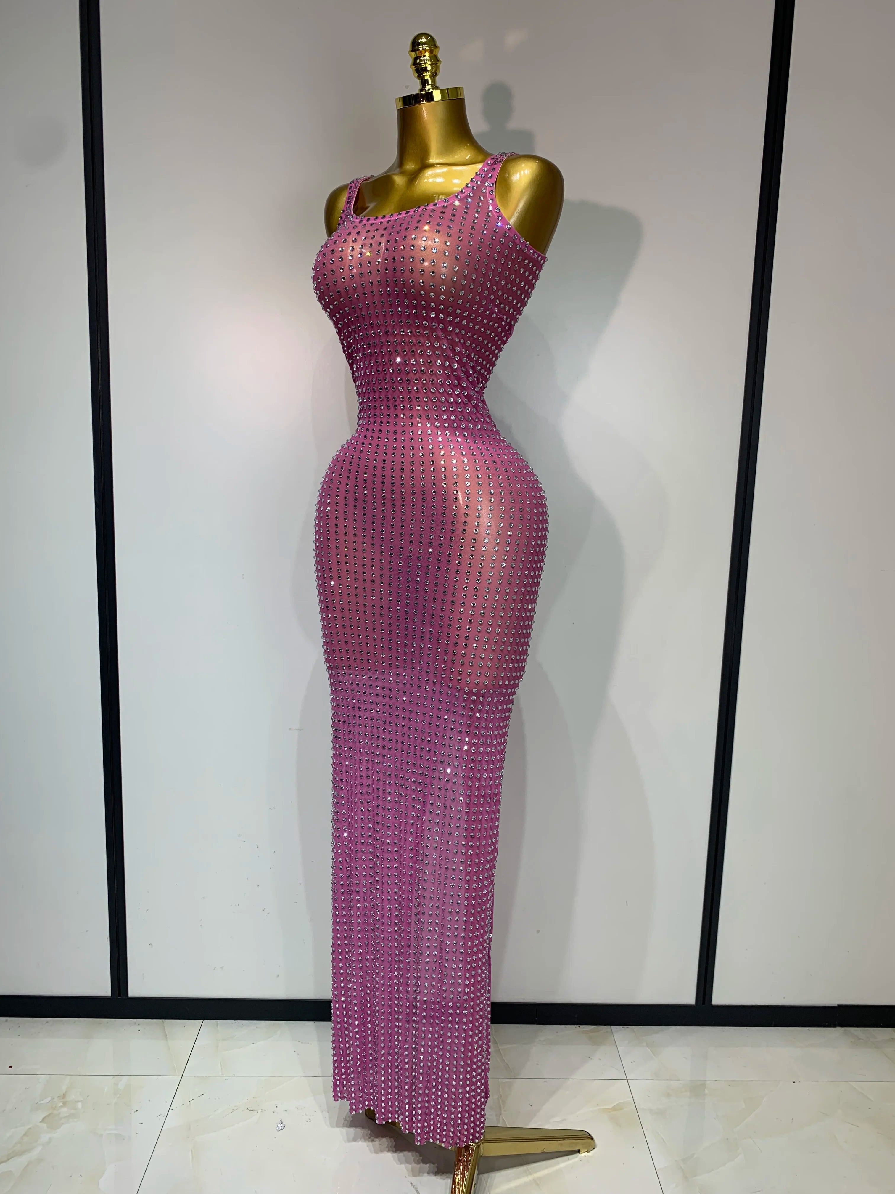 Women Sexy Mesh See Through Rhinestone Pink Long Maxi Dress Birthday Evening Party Costume Singer Stage Performance Costume
