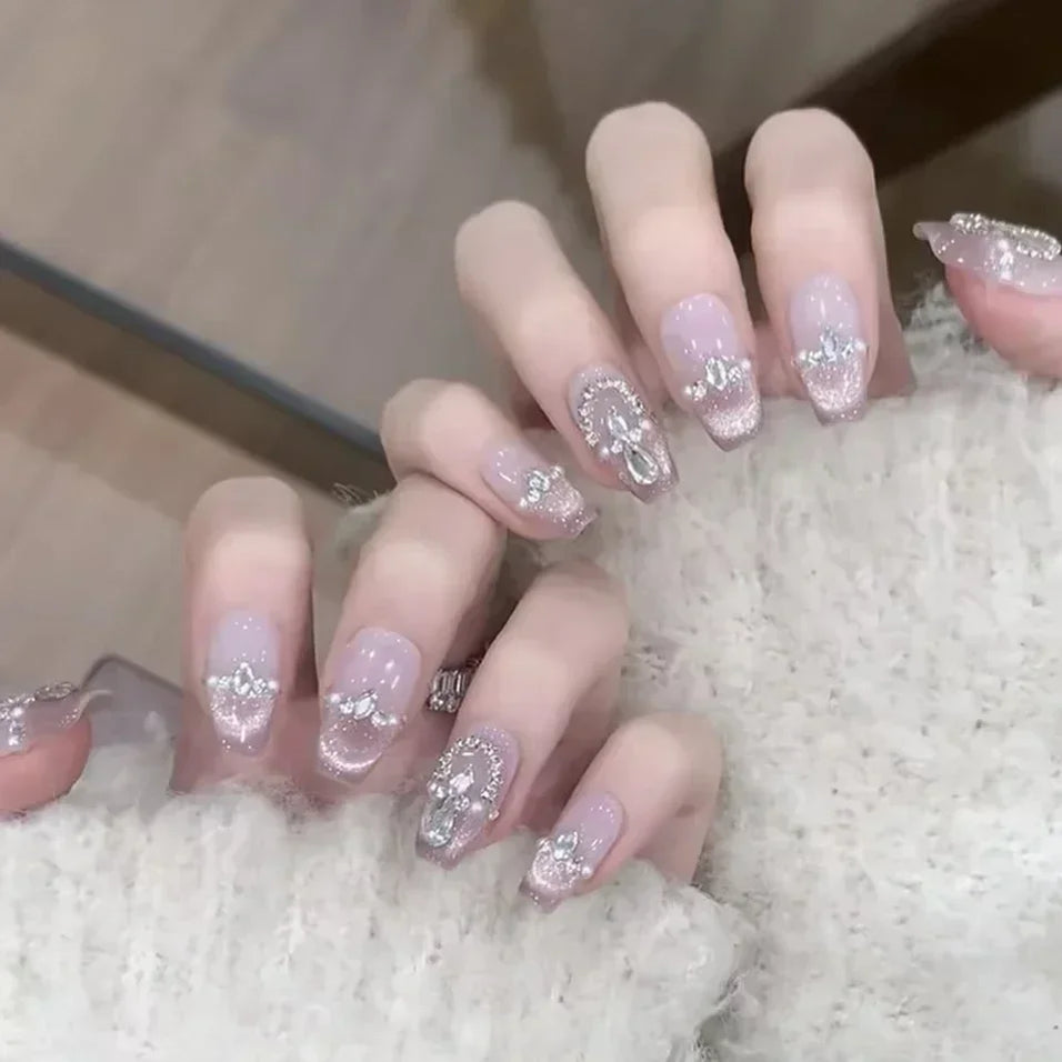 Shiny Crystal Glitter Powder Cat Eye Rhinestone Pearl Short Fake Nails Art Korean False Nails Zircon DIY Press on Nails Manicure