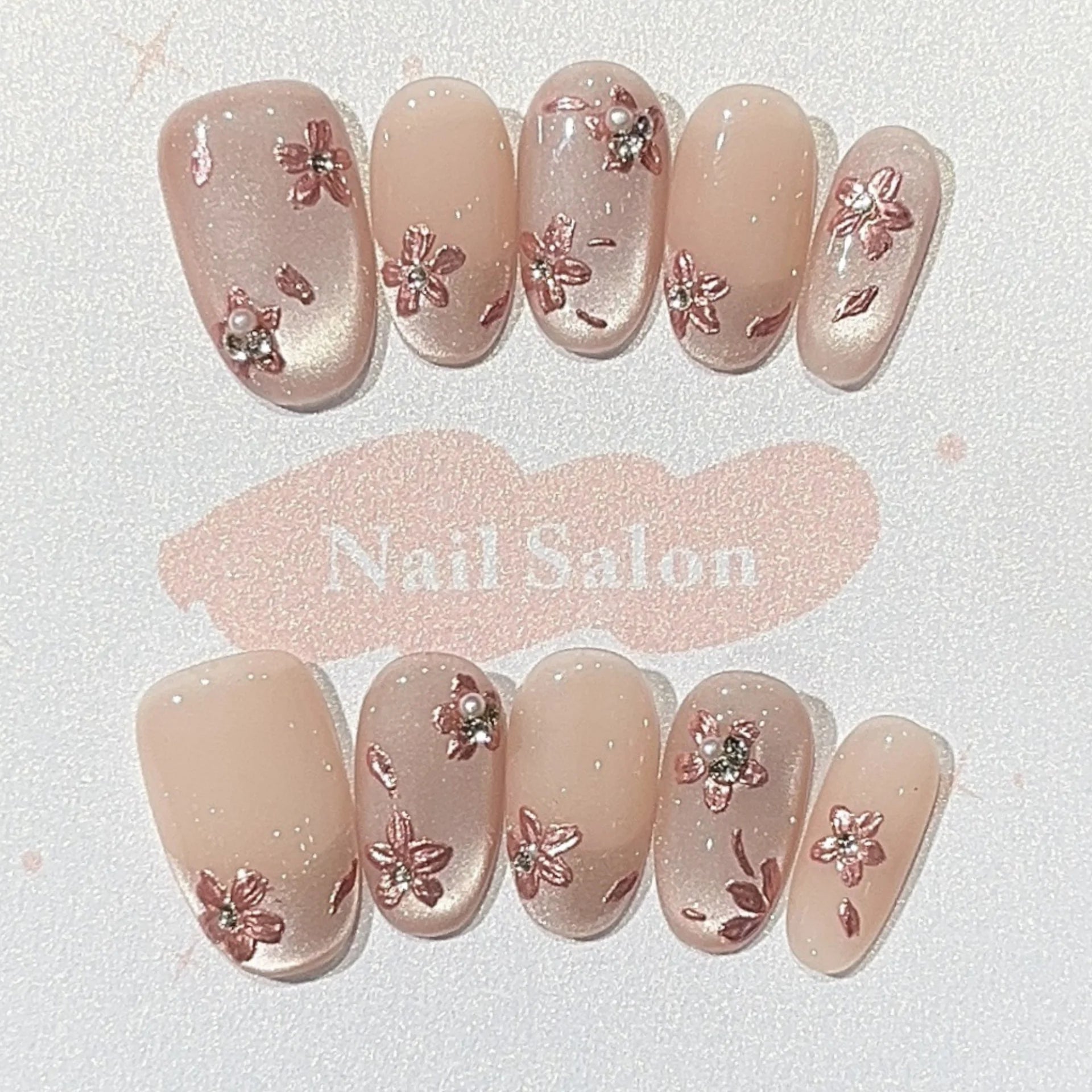 10pcs Handmade Nails Tips Gradient Cat's Eye Short Oval Fake Nail Simple Peach Pink False Nail Art Reusable Press on Nails Sets