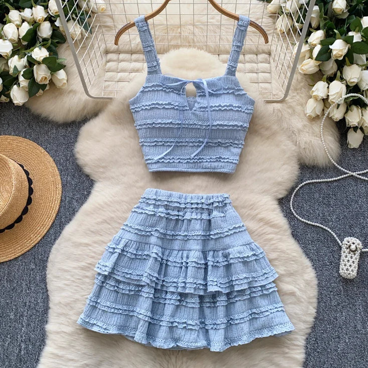 CM.YAYA Beach Boho Women's Set Strap Sleeveless Tank Top and Ruched Mini A-line Skirts Two 2 Piece Sets 2025 Summer Outfits