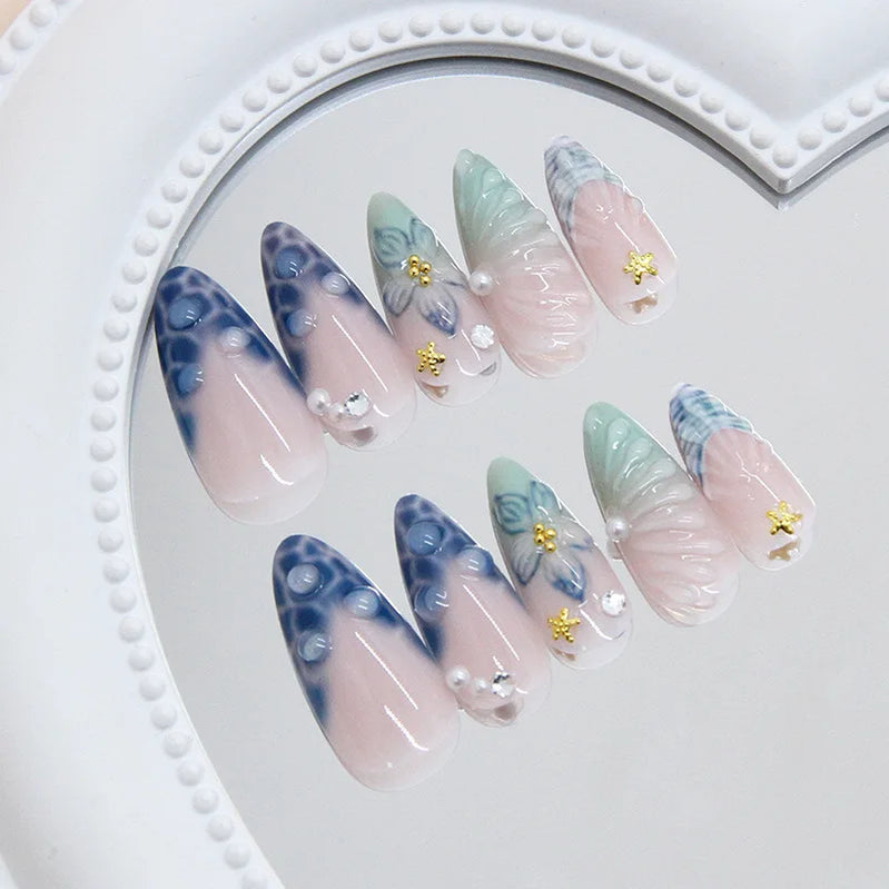 24pcs Dark Blue Press on Nails Starnight Swan Print Sweet Cool False Nails for Girl Wearable Reusable Almond Fake Nail Tips
