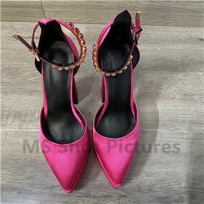 Luxury Women High Heel Shoes Platform Sandals Pointed Toe Woman Silk Pumps Sexy Rhinestone Buckle Chunky Heel Wedding Shoes